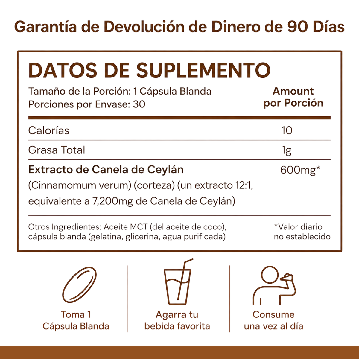 Canela de Ceylán Equivalente a 7200mg con Aceite MCT